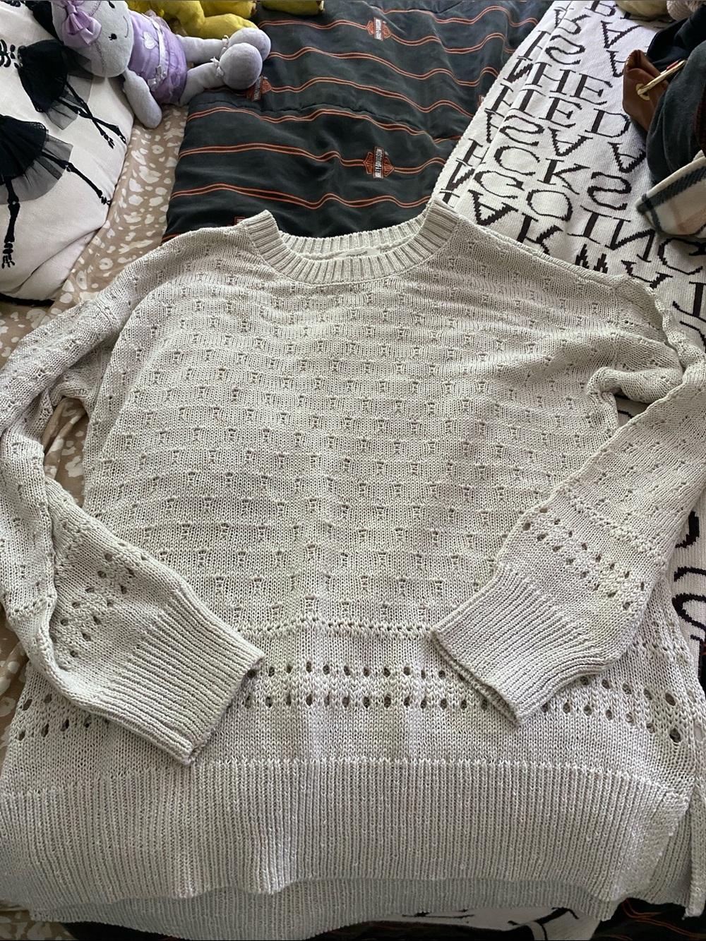 Maurices Light Cream Openwork Knit Crewneck Sweater